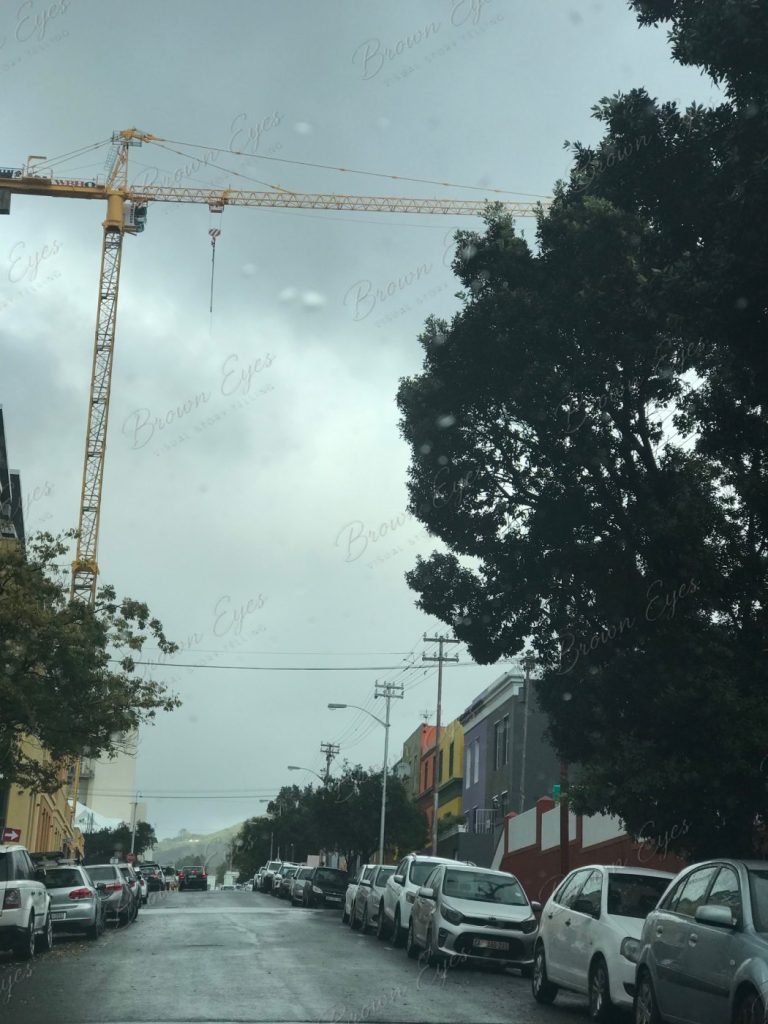 A construction crane and a tree on a rainy city street